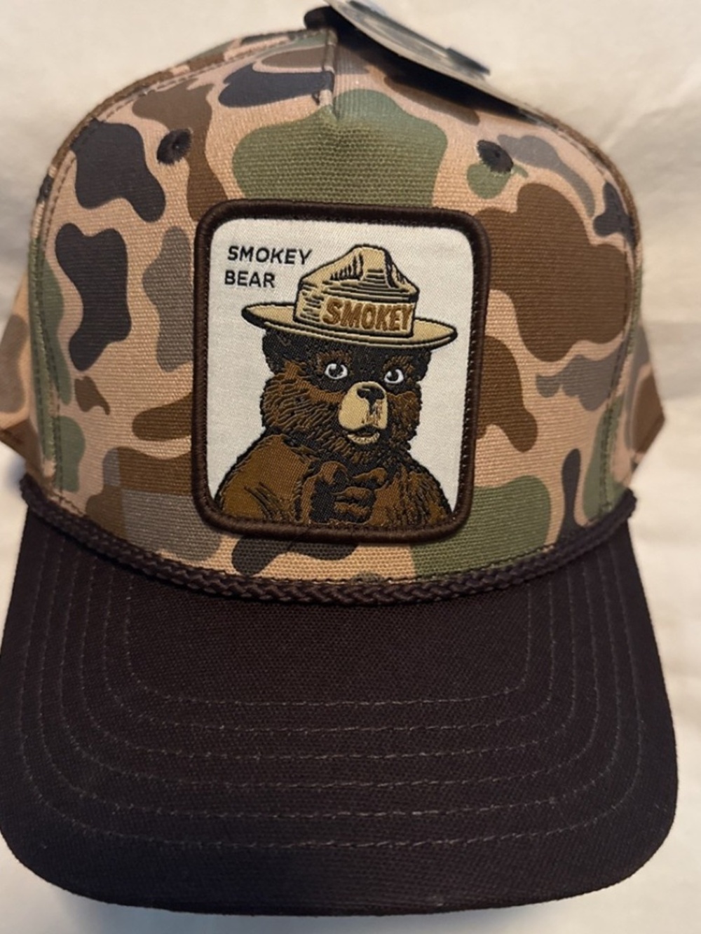 Smokey Bear Camo Rope Snapback Trucker Hat Licensed NWT